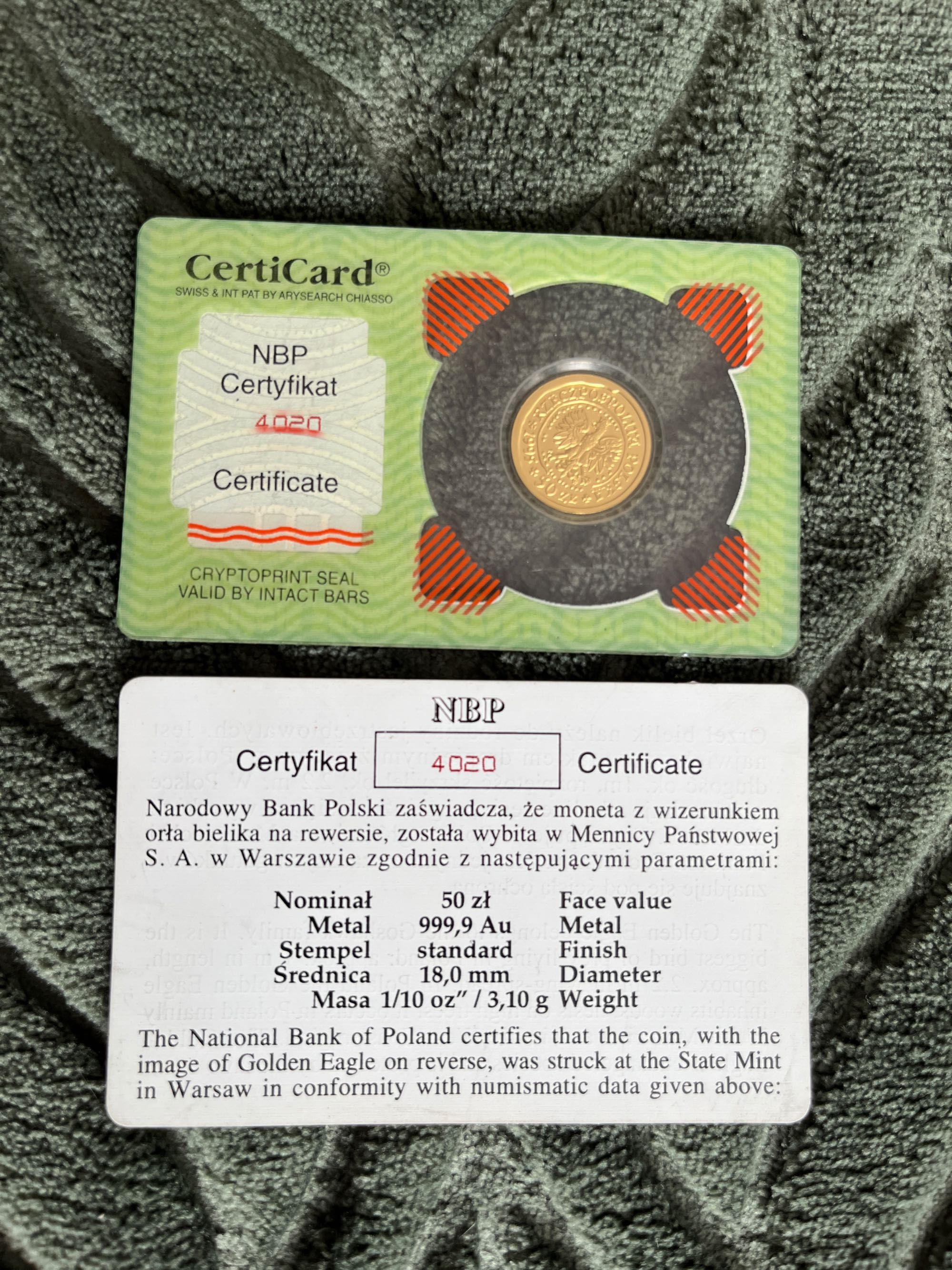 moneta kolekcjonerska orzeł bielik certyfikat 1995