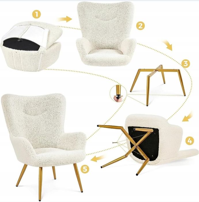 Fotel z podnóżkiem w tkaninie boucle.
Fotel jest