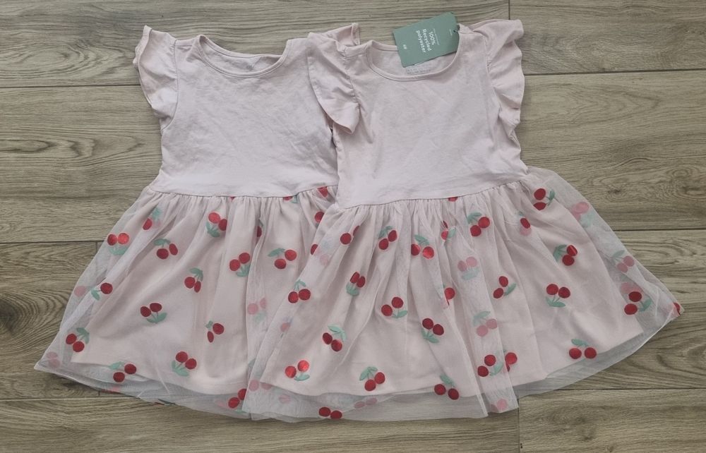 2 x Sukienka tiul róż wisienki dziewczynki 98/104 / H&M / Bliźniaczki