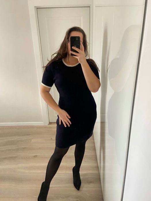 Granatowa midi sukienka Marks and spencer wełniana damska