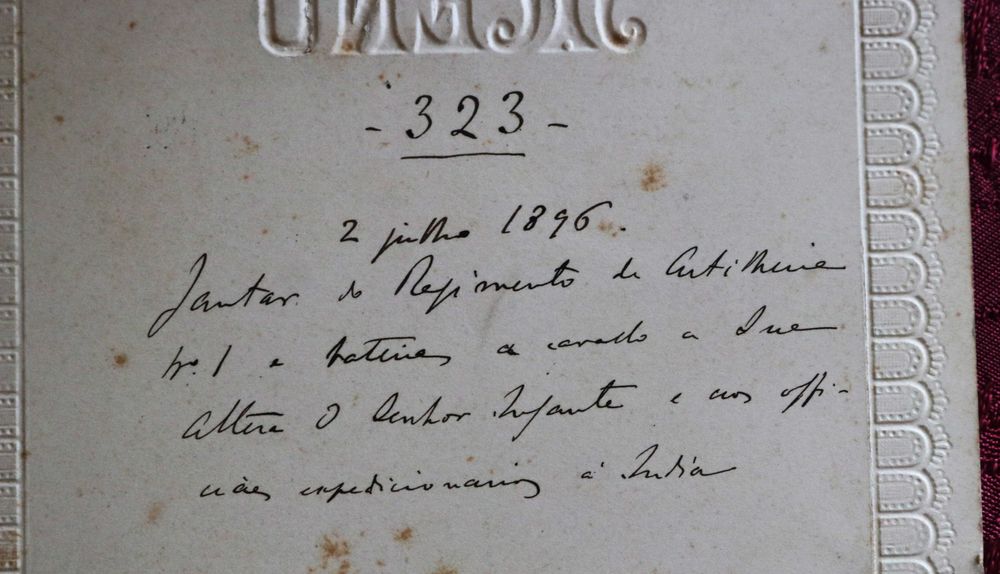 Queluz Infante D Afonso e oficiais à Índia 1896 menu em português raro