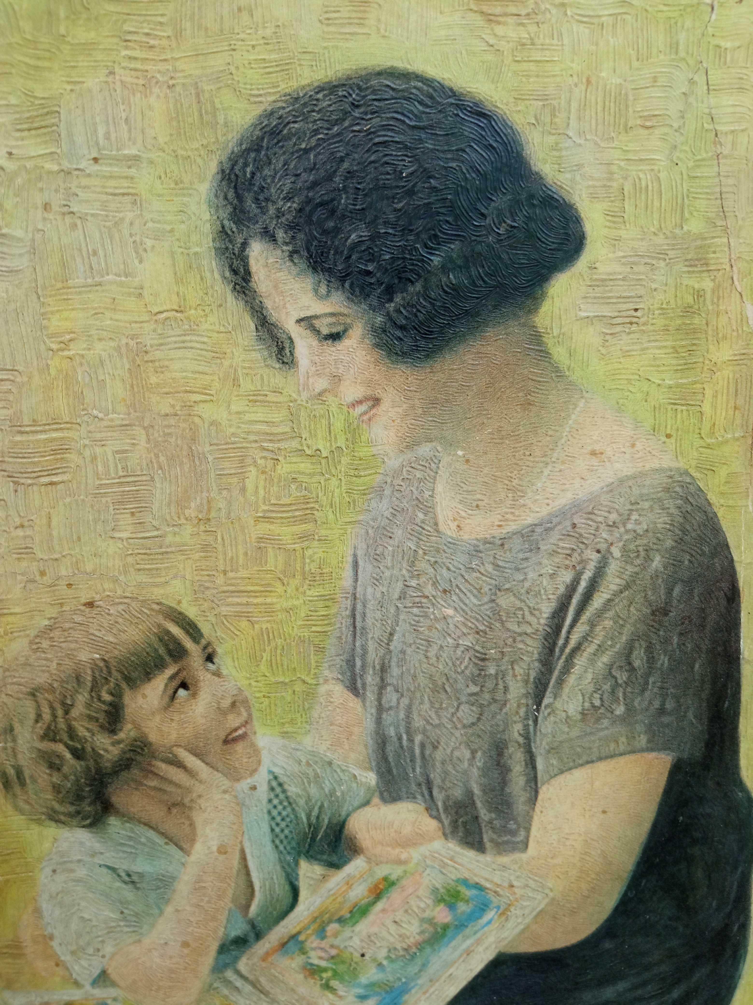 Antyk unikat starocie kolekcja obrazek oleodruk dzień matki dziecka