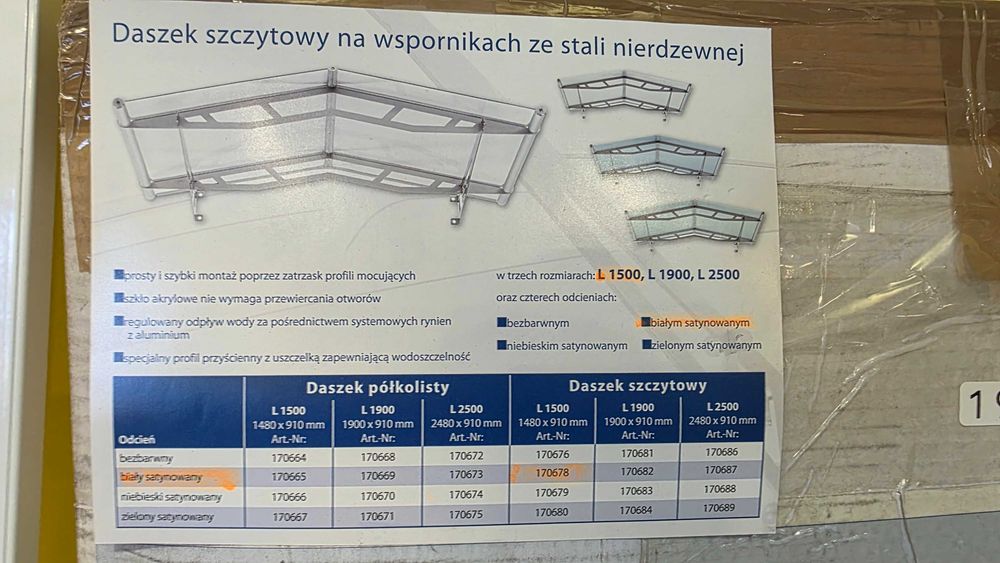 WYPRZEDAŻ! Daszek nad drzwi LIGHTLINE ostatnia sztuka stal nierdzewna