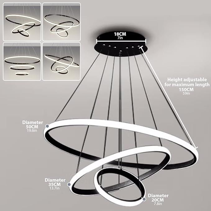 KSIBNW Lampa wisząca LED, 3 pierścienie, nowoczesna, Czarna