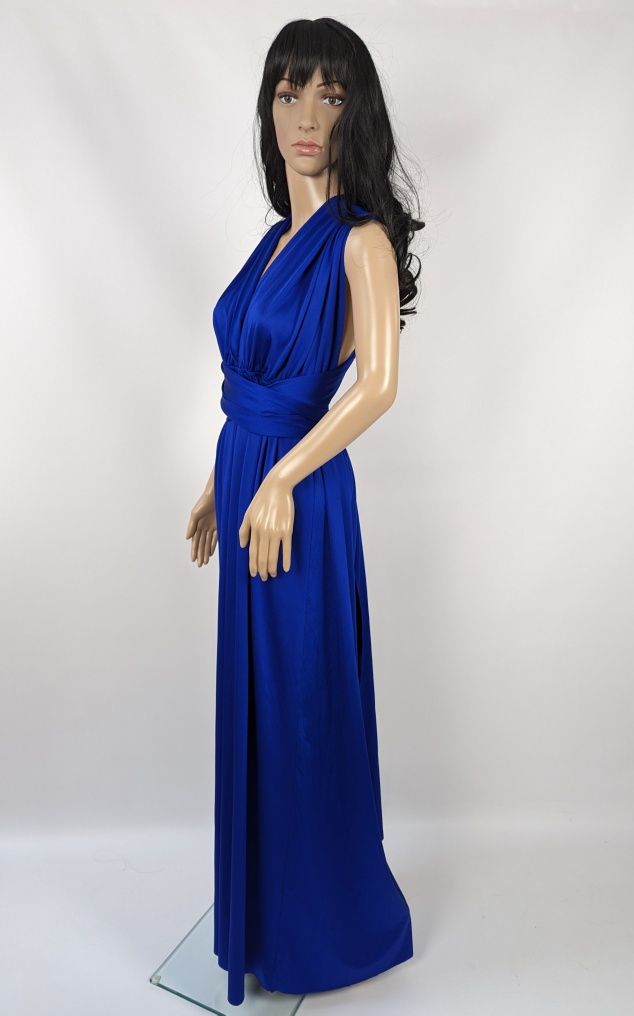 Piękna chabrowa kobaltowa niebieska sukienka maxi odkryte plecy szarfy