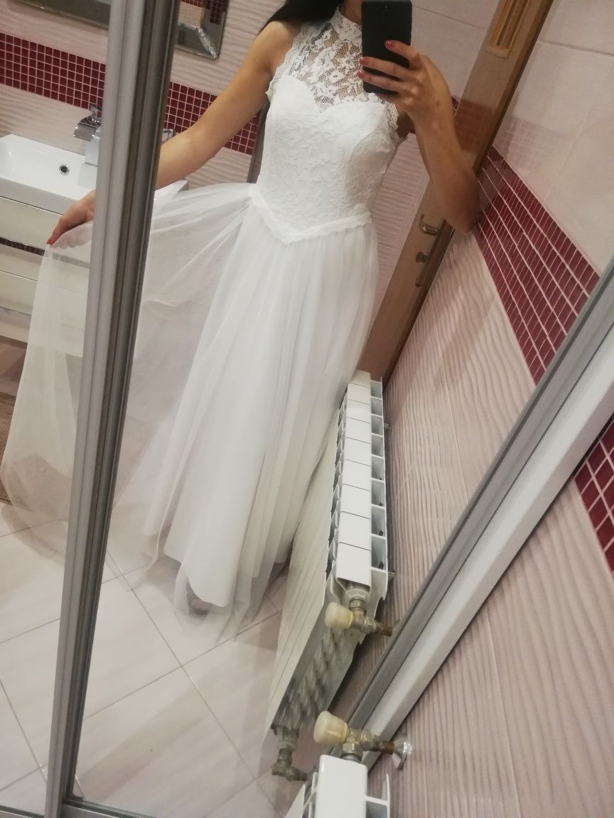 Nowa suknia ślubna sukienka księżniczka 34 xs 36 s koronka koronkowa