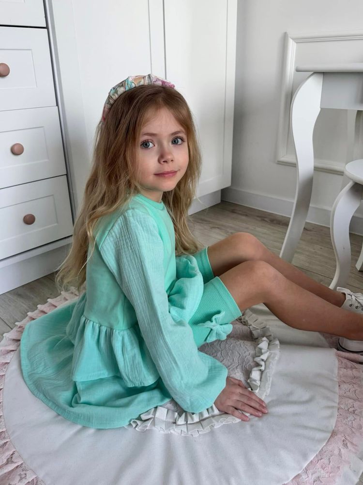 La Mia Baby Clothes miętowa tunika z falbankami muślinowa 116 cm