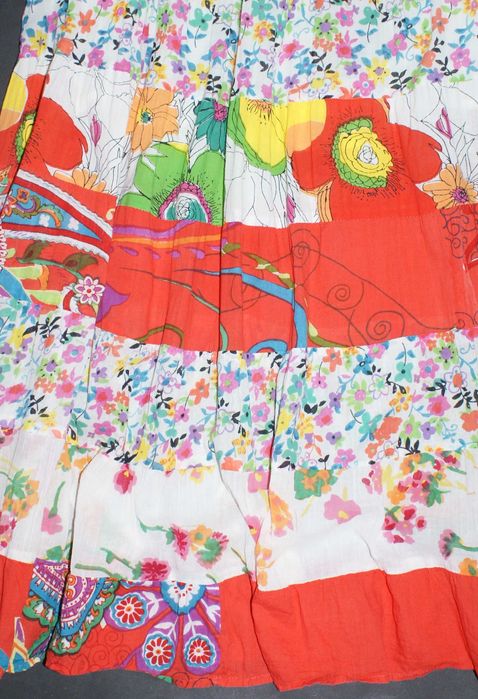 JANIS_Piękna Sukienka_biała kolorowe kwiaty falbany bawełna BOHO_M/38