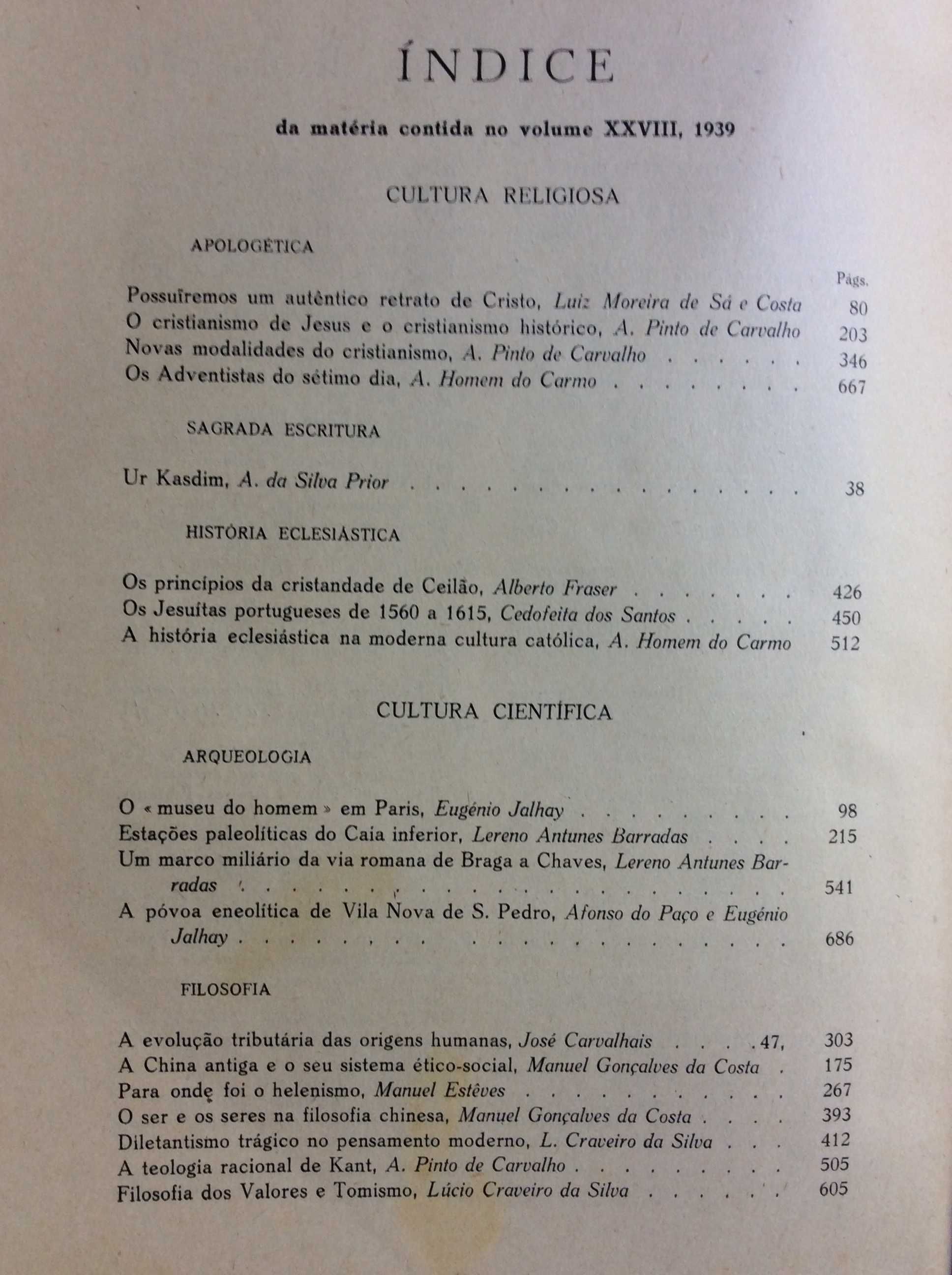 Brotéria .Revista Contemporânea de Cultura, 1939. Ver índice