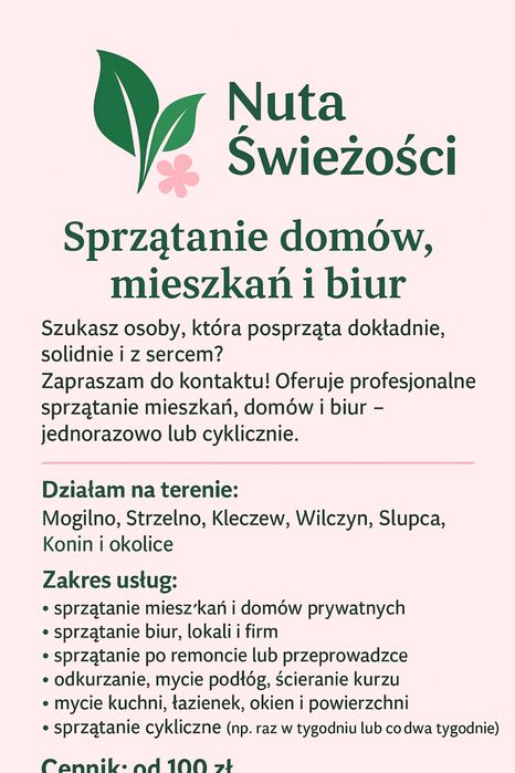 Sprzątanie mieszkań, domów, biur- Nuta Świeżości- dokładnie i z sercem