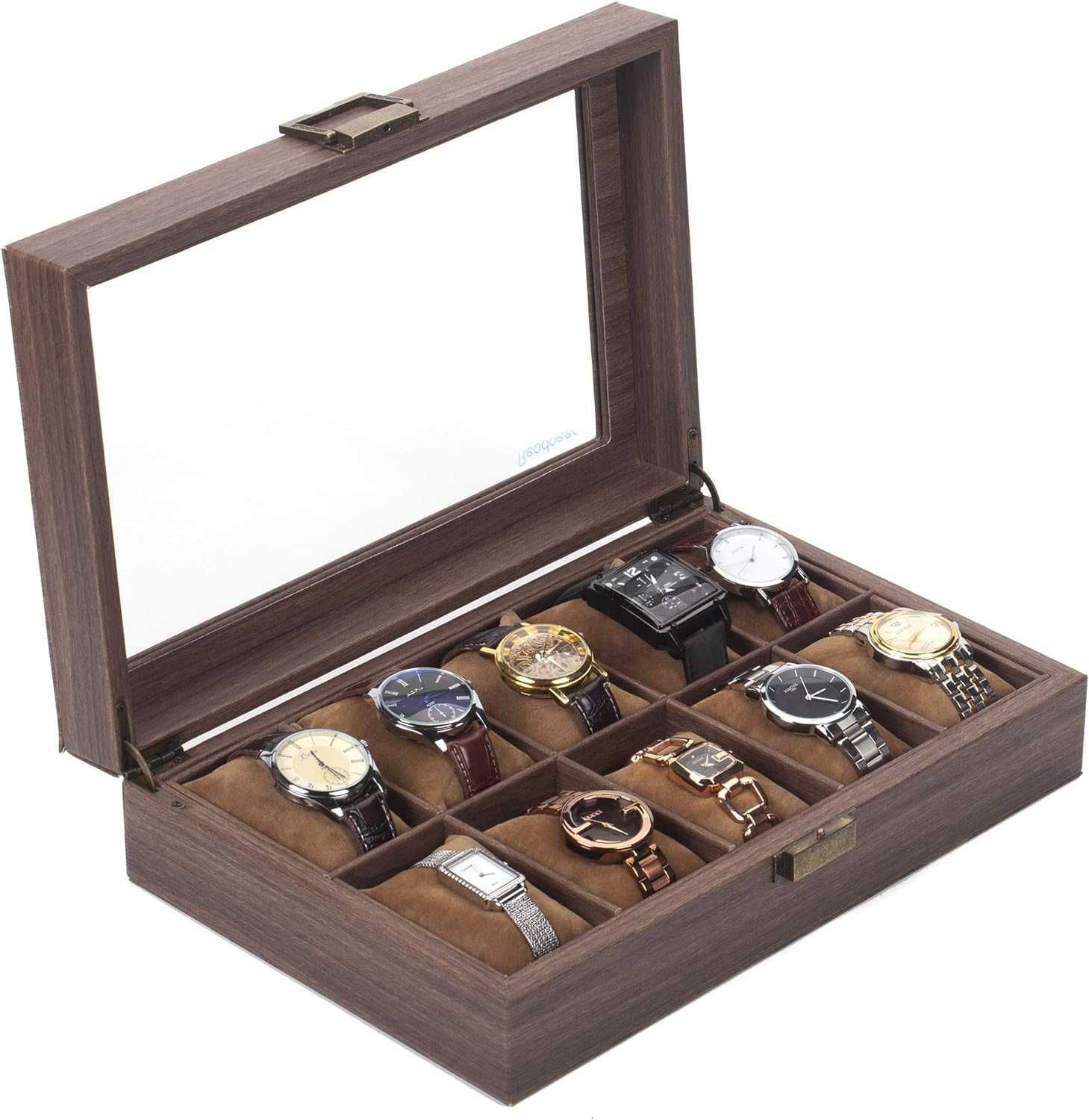 Pudełko do przechowywania zegarków, ze sztucznej skóry i szkła