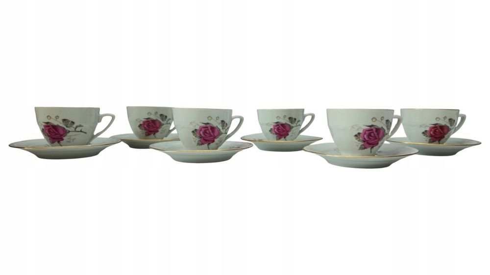 Zestaw Porcelana Bolesławiec Filiżanki Talerzyki Podstawki Róże