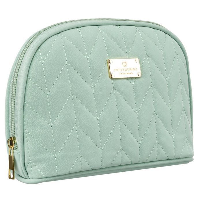 Praktyczna kosmetyczka damska w kolorze zielonym pokryta jodełkowym
