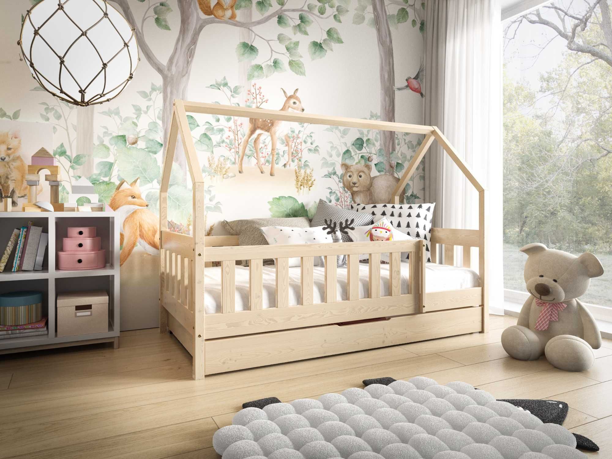 Łóżko drewniane LUNA DOMEK dla dziecka + materac piankowy