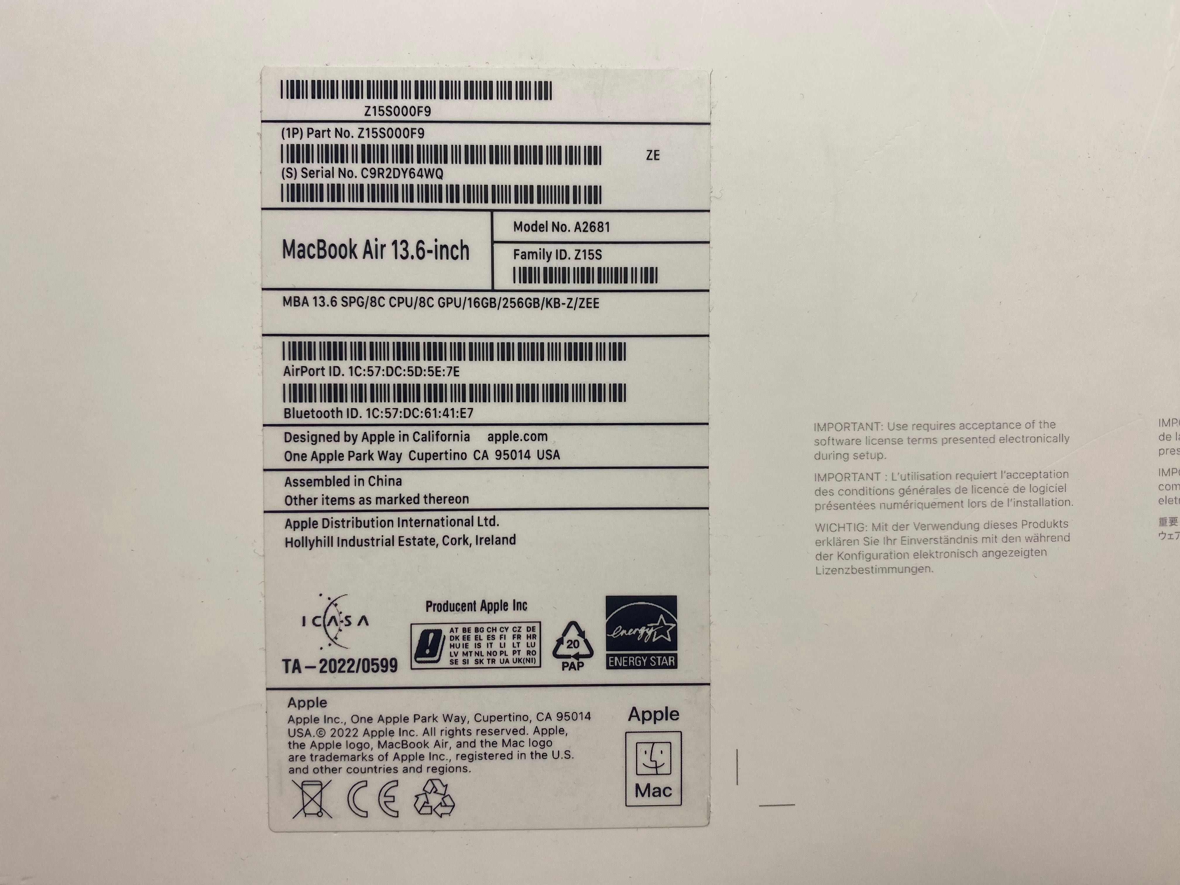 Macbook Air M2 A2681