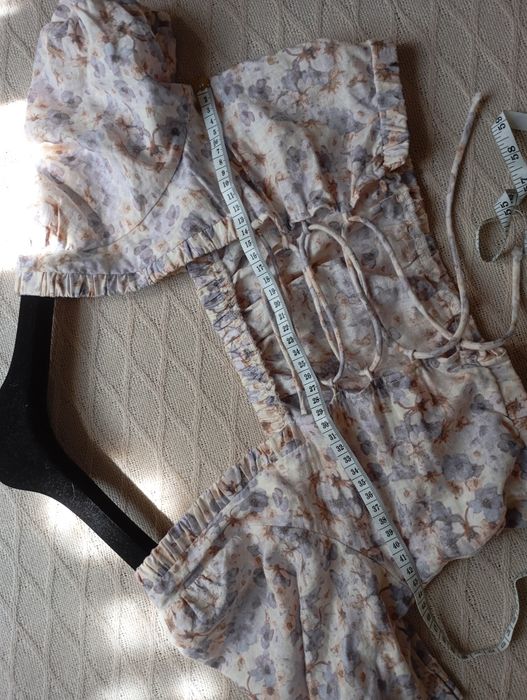 H&M XS-S LINEN BLEND lniany top bluzka z wiązaniem kwiaty kwiatuszki