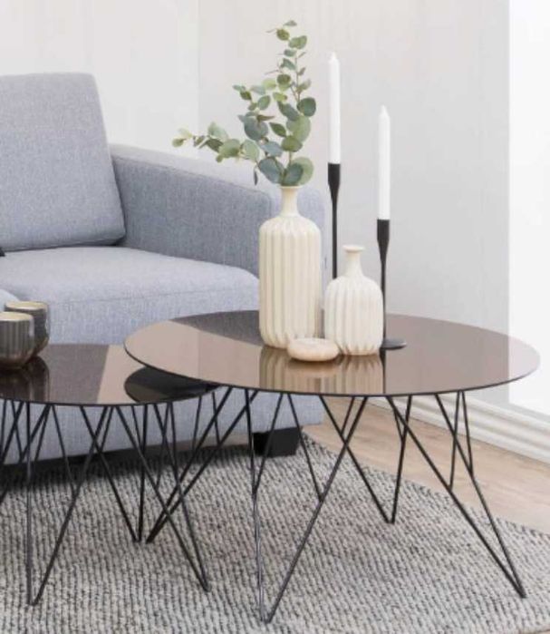 NOWY stolik kawowy okrągły szklany blat miedziany czarny lustro