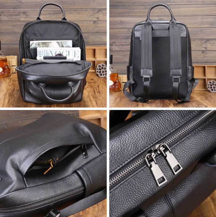 Рюкзак місткий чорний з натуральної шкіри/ Кожаный городской рюкзак