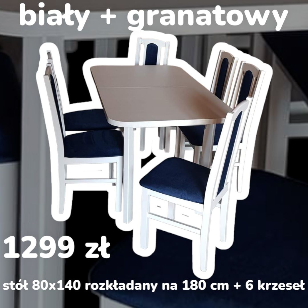 Nowe: Stół 80x140/180 + 6 krzeseł,  biały + granat. Dostawa PL