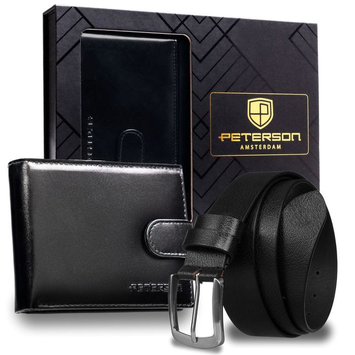 zestaw prezentowy: skórzany portfel męski w czarnym kolorze i pasek