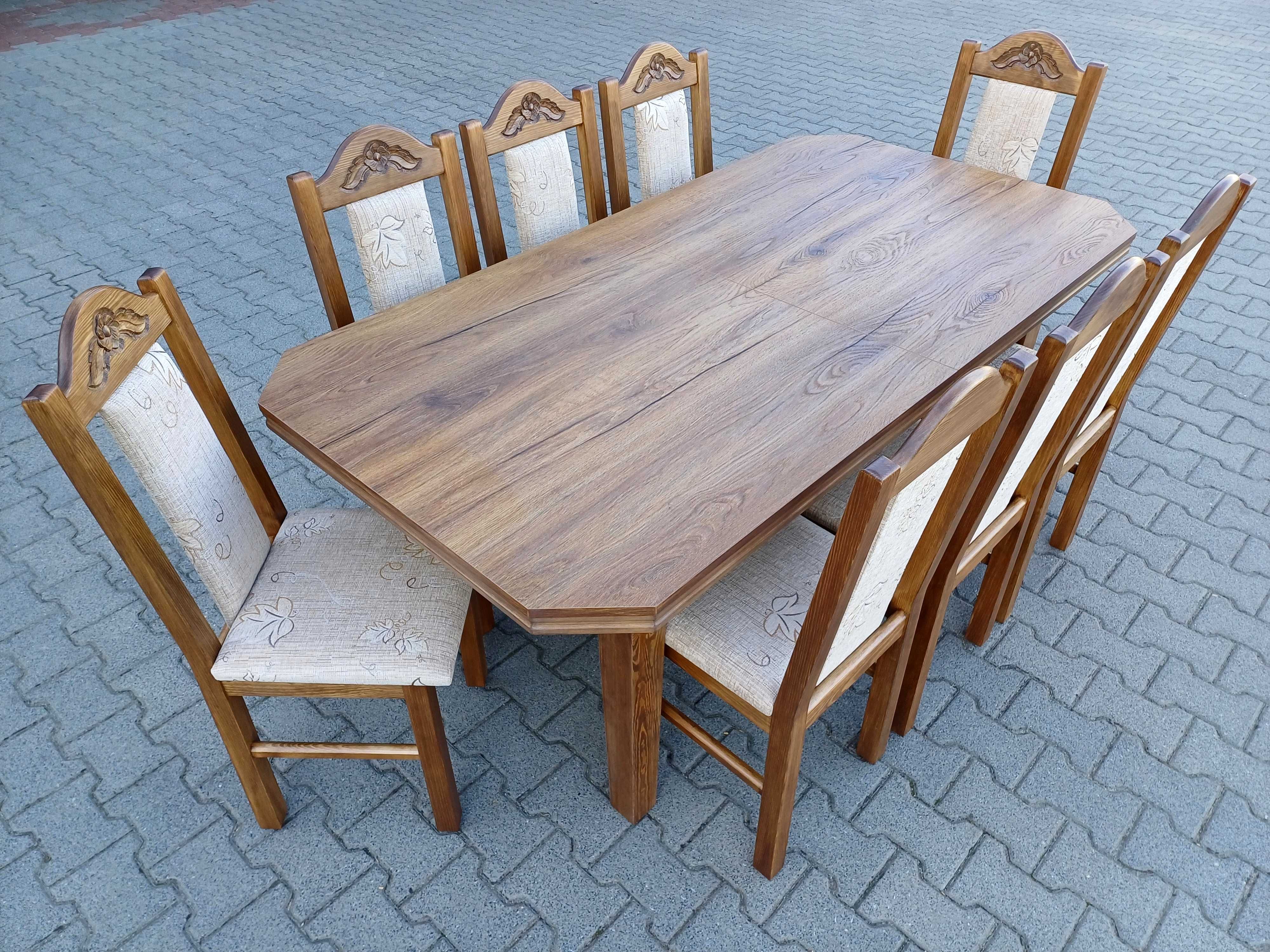 Nowosc Stol 185/244x95+8 krzesel rzezbionych blat dab Hudson Amaretto