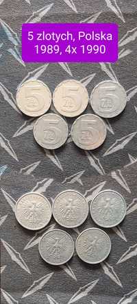 Moneta Polska 5 złotych srebna 1989, 1990