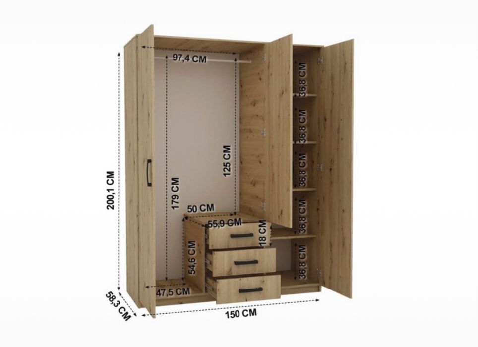 Roupeiro de 3 portas com espelho e gavetas desmontado