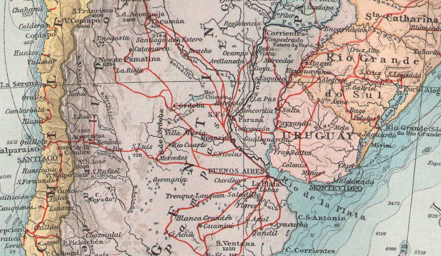 Ameryka Południowa. Duża efektowna mapa 1899 r. autentyk