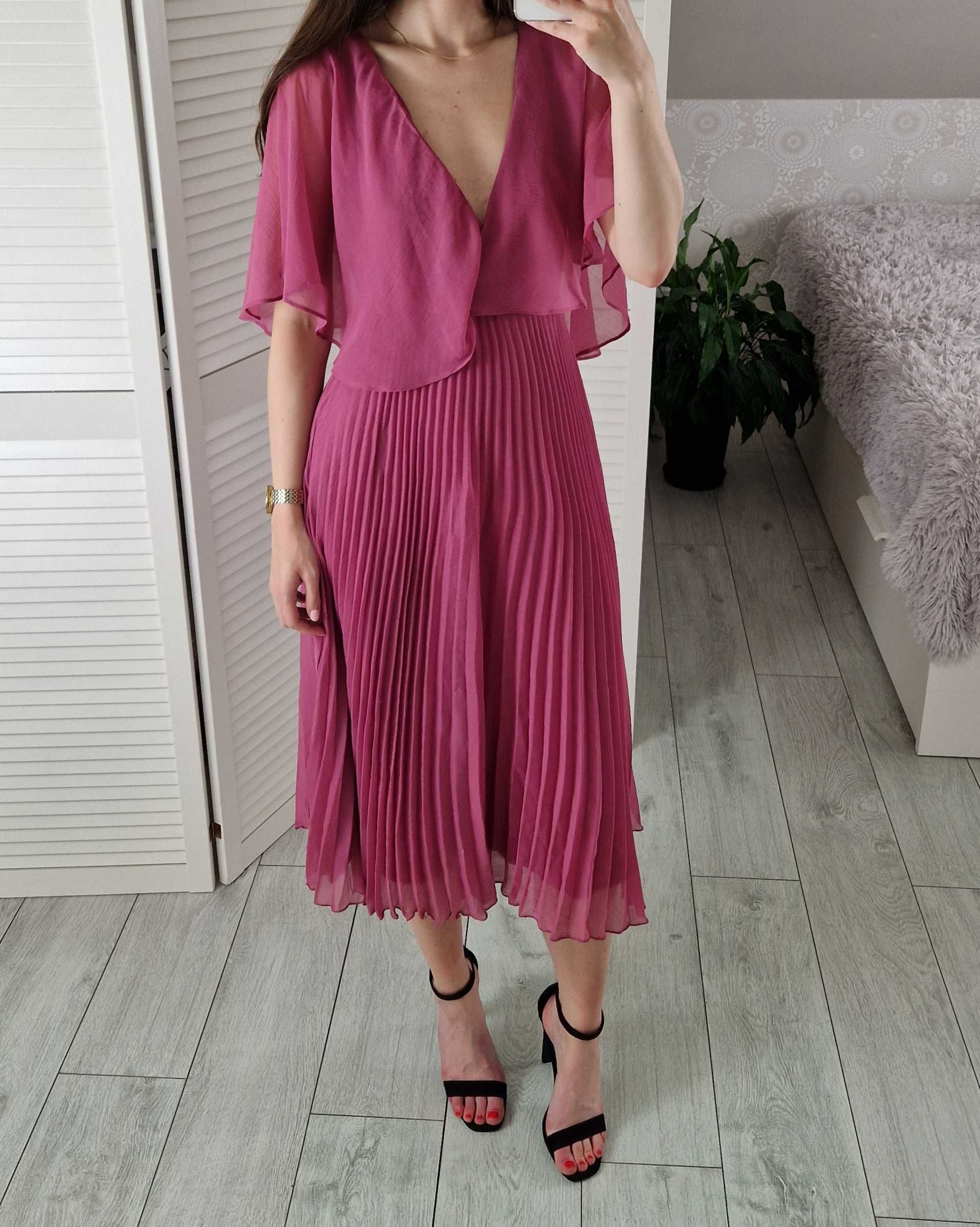 Asos różowa plisowana sukienka midi ze zwiewnymi rękawami wesele 36 S