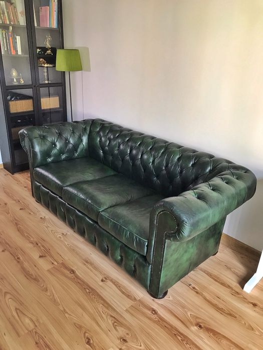 Sofa Chesterfield 3 os. skóra naturalna antykowana, skórzna, zielona
