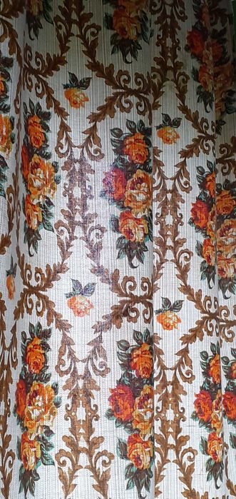 Zasłony krótkie lniane wzór róze i ornamenty styl retro