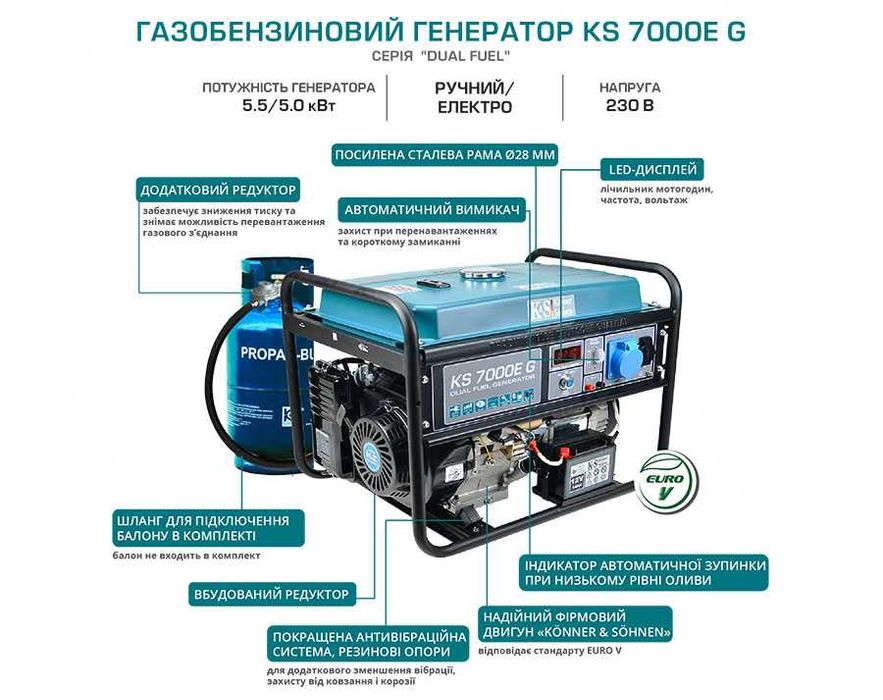 KS 7000E G генератор Konner & Sohnen газ/бензин 5,5 кВт з  KS 7 KIT