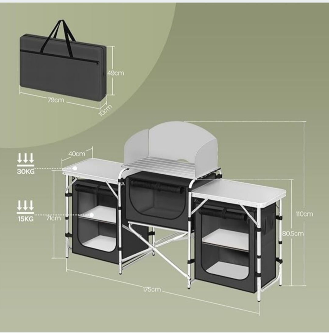 Kuchnia kempingowa Składany stół piknikowy Aluminiowy Czarna 174x112x4