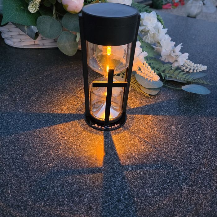 ZNICZ Solarny led  LAMPION na grób statuetka na cmentarz z krzyżem