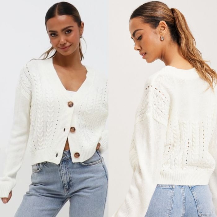 Kardigan damski krótki rozpinany ecru śmietankowy S/M/L