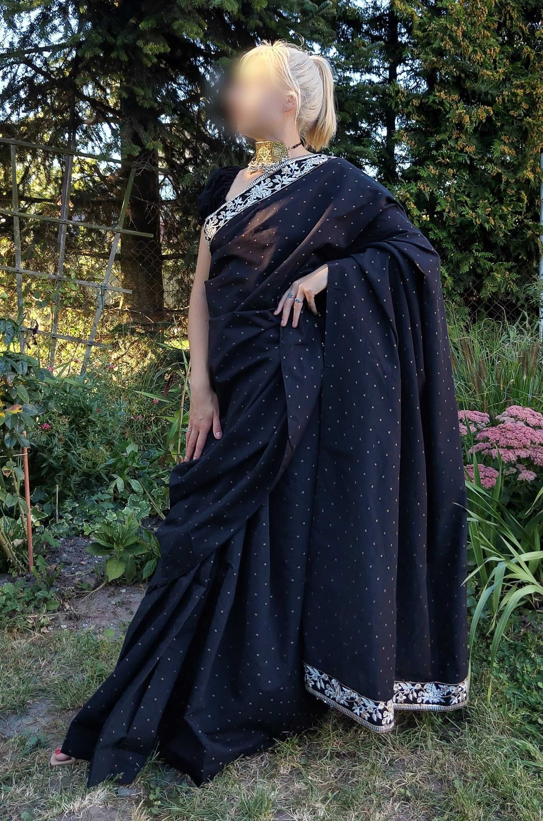 Czarne bawełniane sari saree saari Bollywood Indie orient suknia