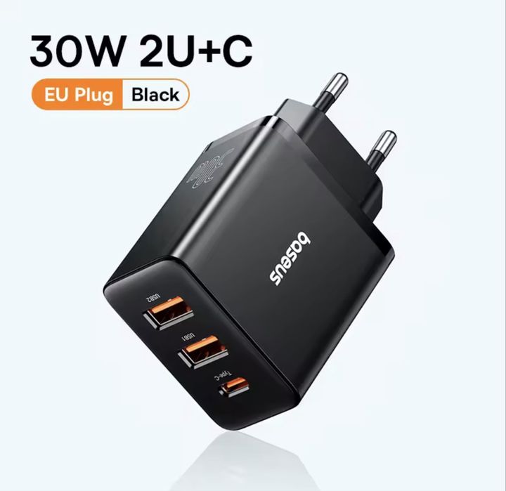 Baseus ładowarka 30W szybkie ładowanie 3 porty UsbA UsbC czarna+ kabel