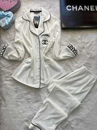 LUX COLLECTION! Жіноча оксамитова піжама Chanel в білому кольорі