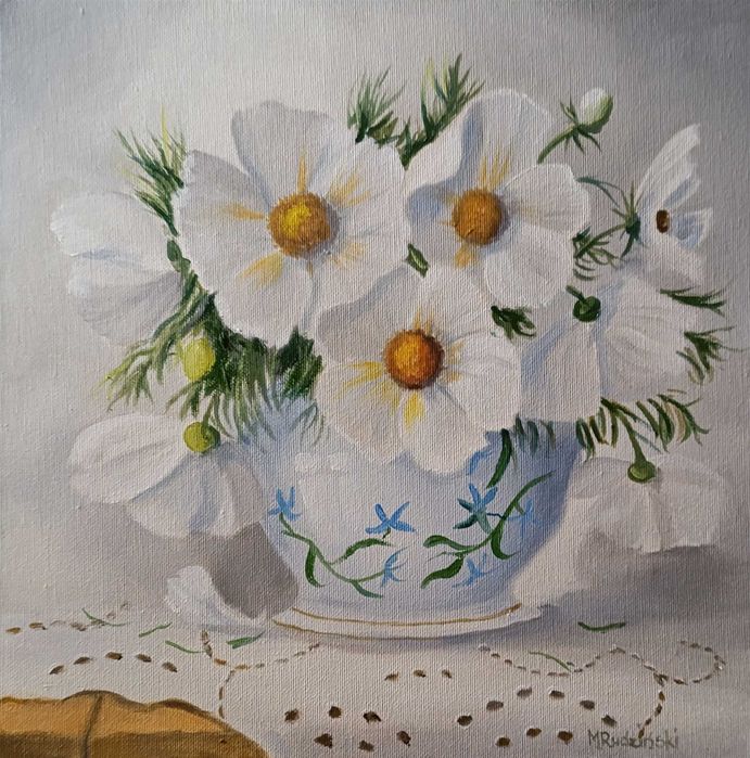M. Rudziński "Kosmosy"   30x30cm. Obraz olejny na płótnie.