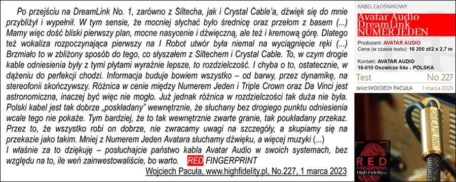 Kabel głośnikowy high-end Avatar Audio DREAMLINK Nr 2 stary model -40%