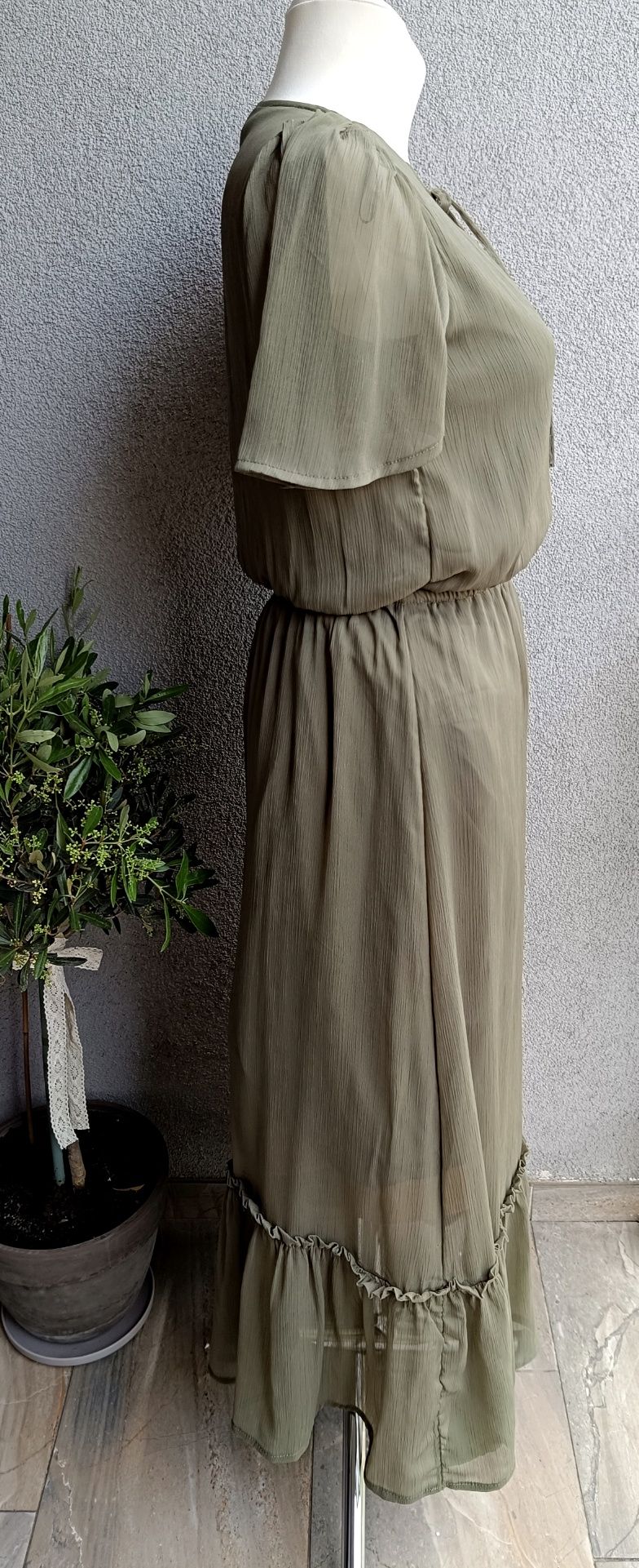 Sukienka midi boho hippie M L biust 48x2 motylkowe rękawy khaki