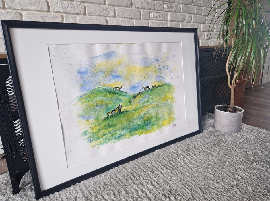 "KROWY" - obraz akwarelowy akwarela - wymiar 50x70cm - z ramą 64x94cm