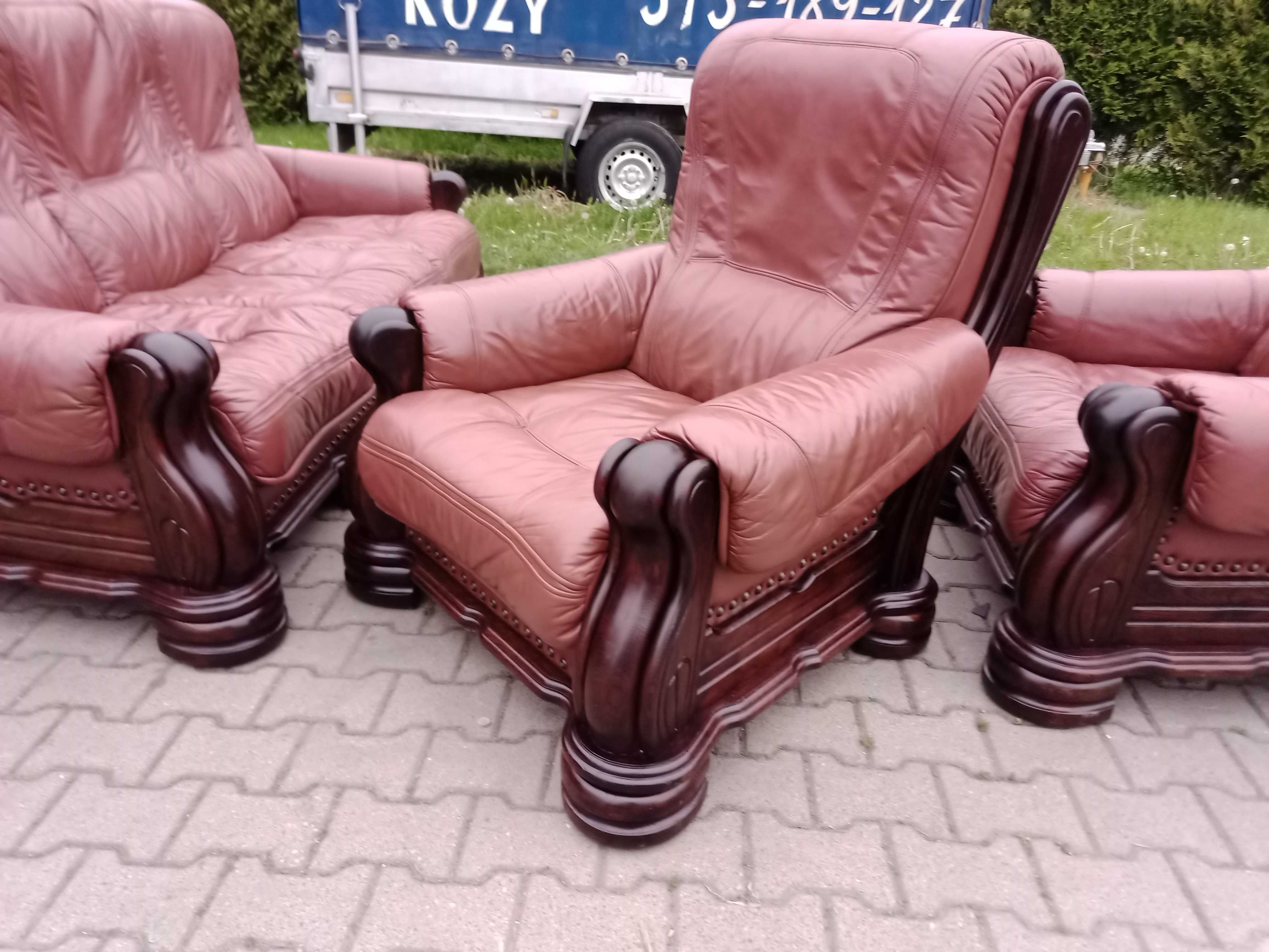 Komplet Wypoczynkowy KLER Bonzo 3+1+1 i Ława , Dąb - Skóra Brąz