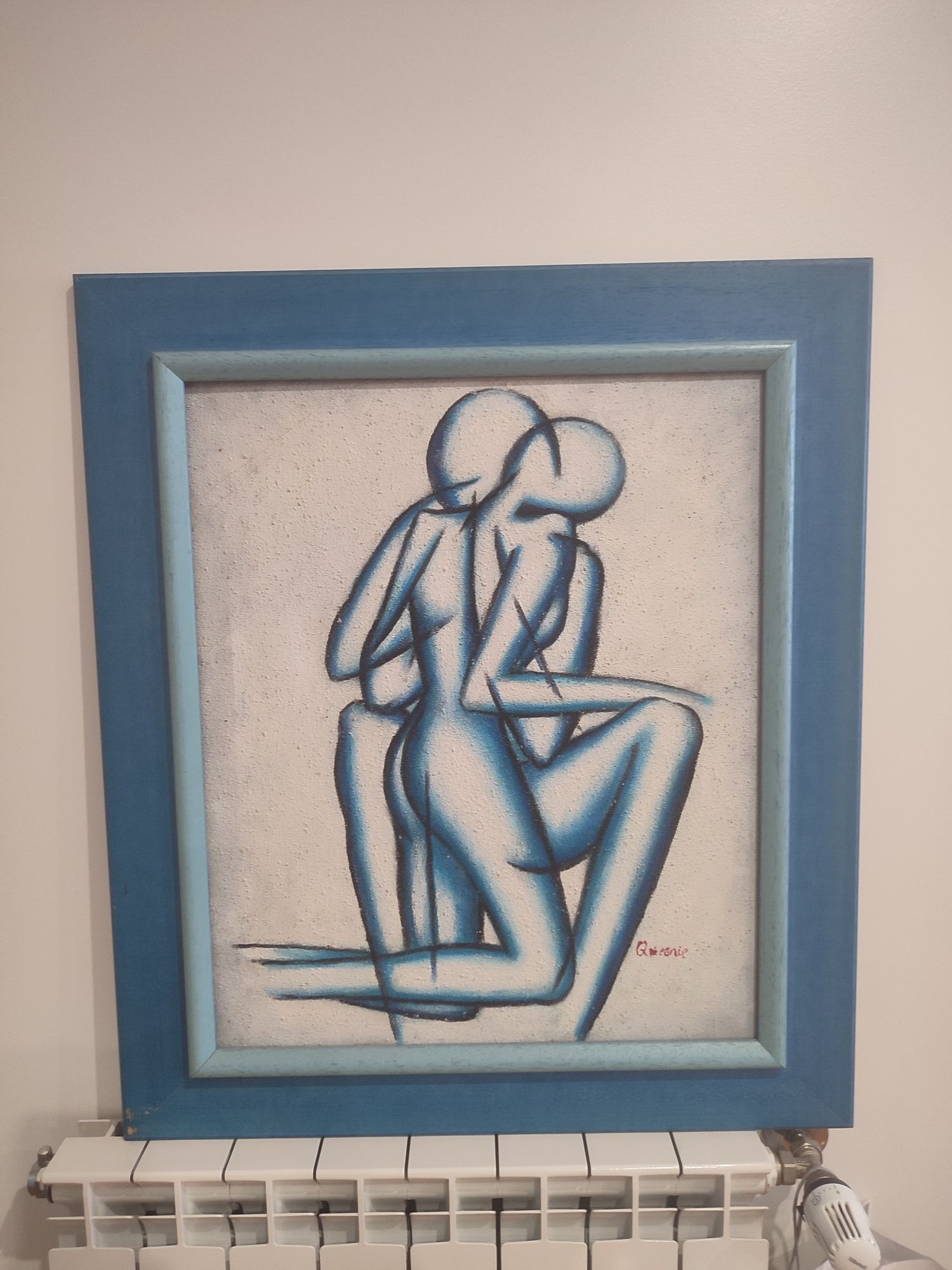Pintura a óleo em areia, com moldura azul