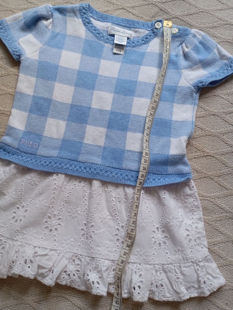 RALPH LAUREN 9-12m bawełniana haftowana sukienka niebieska w kratkę
