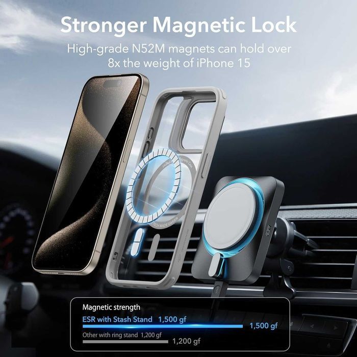 ESR Halolock kickstand etui MagSafe iPhone 15 Pro stojak szara ramka