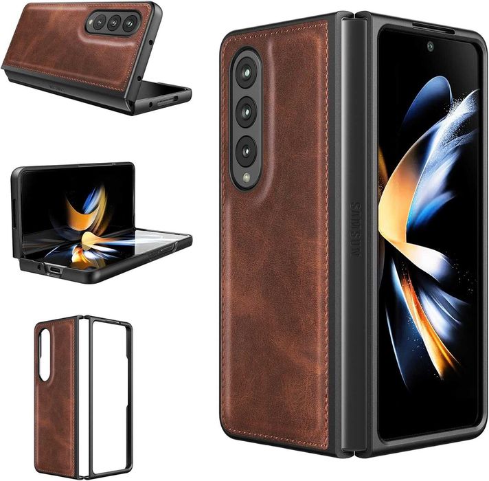 FOLUU etui skórzane do Samsung Galaxy Z Fold 4 5G 360 pancerne brązowe