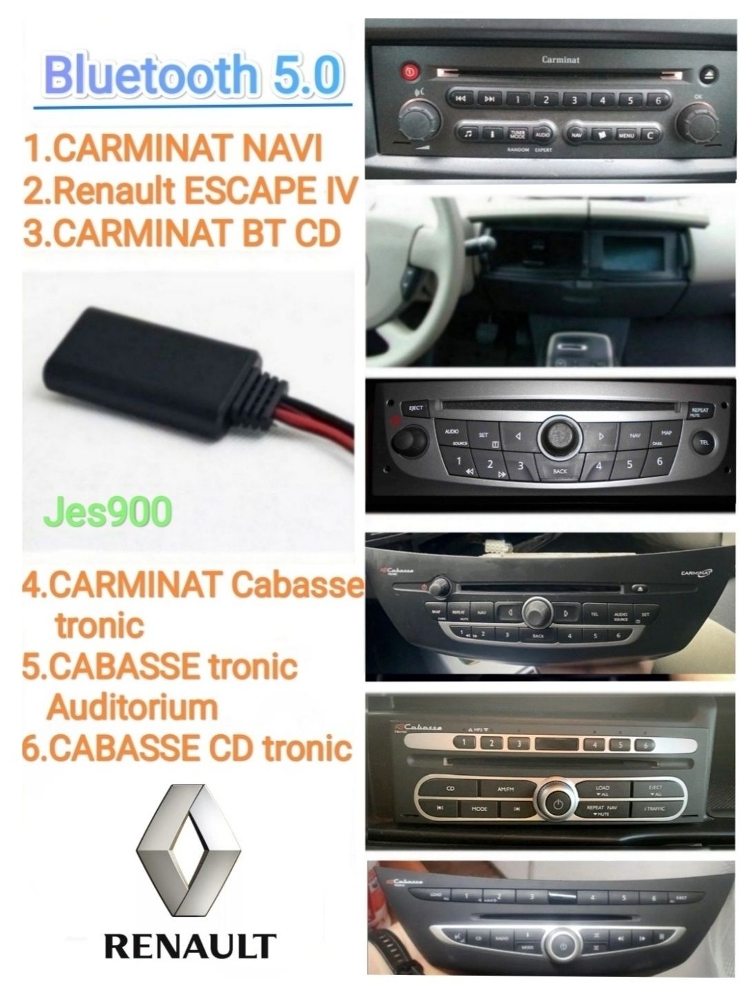 Bluetooth 5.0 Renault CARMINAT Cabasse Navi BT CD, ESCAPE IV AUX Рено