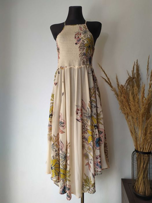 Made in India Sukienka w kwiaty Hippie Bokserka Mgiełka 34 36 XS