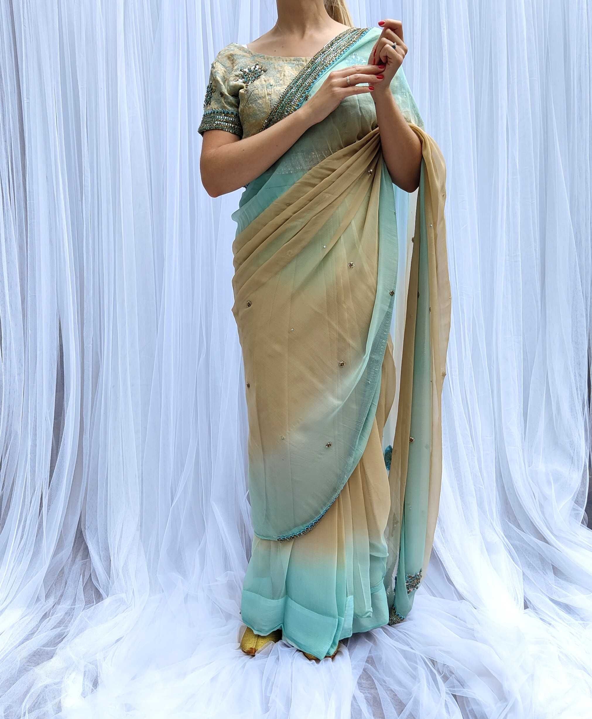 Piękne zdobione sari beż turkus saree Bollywood suknia sukienka szyfon